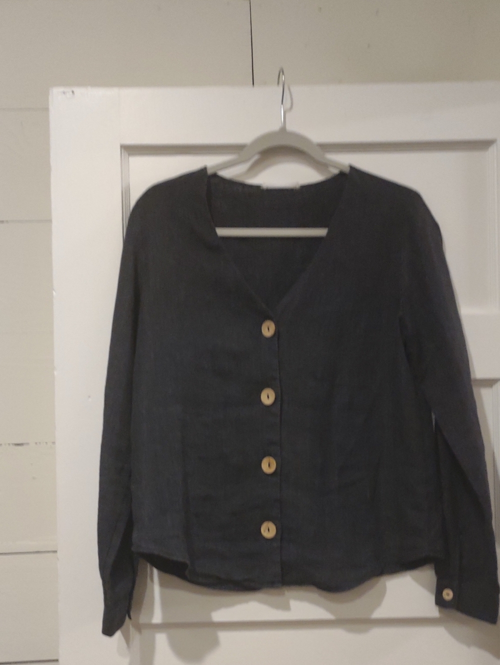 Mango Dark Charcoal Button-Down Linen Shirt With Wood Look Buttons